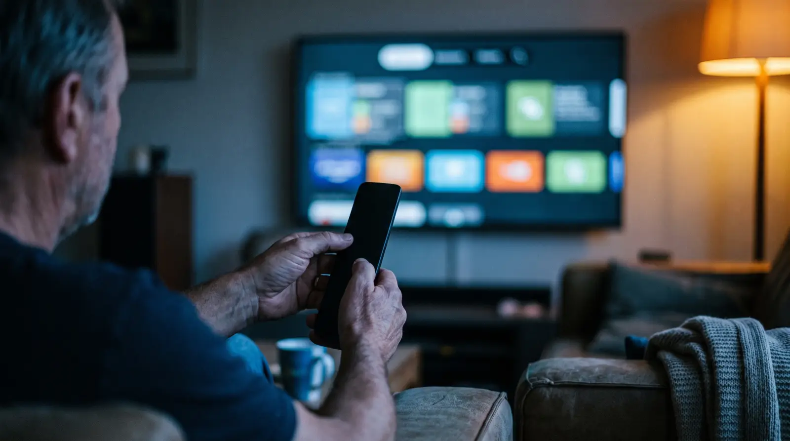 Handen met een afstandsbediening gericht op een televisie met een raster van gekleurde tegels