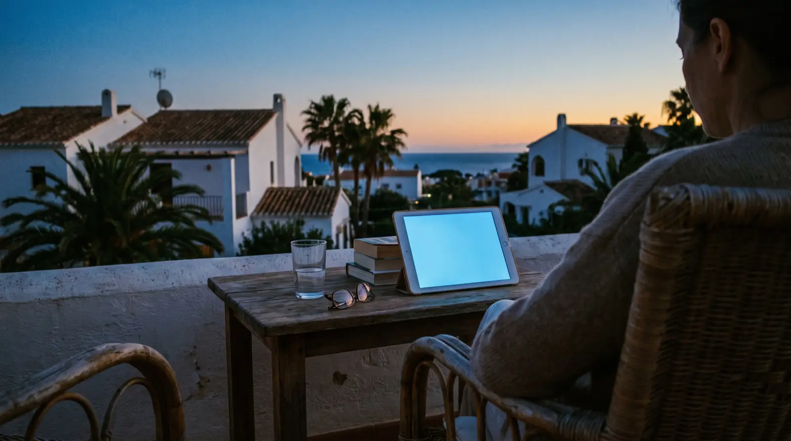 Tablet op een terrastafel bij zonsondergang aan de Middellandse Zee, met uitzicht op witte huizen en palmbomen
