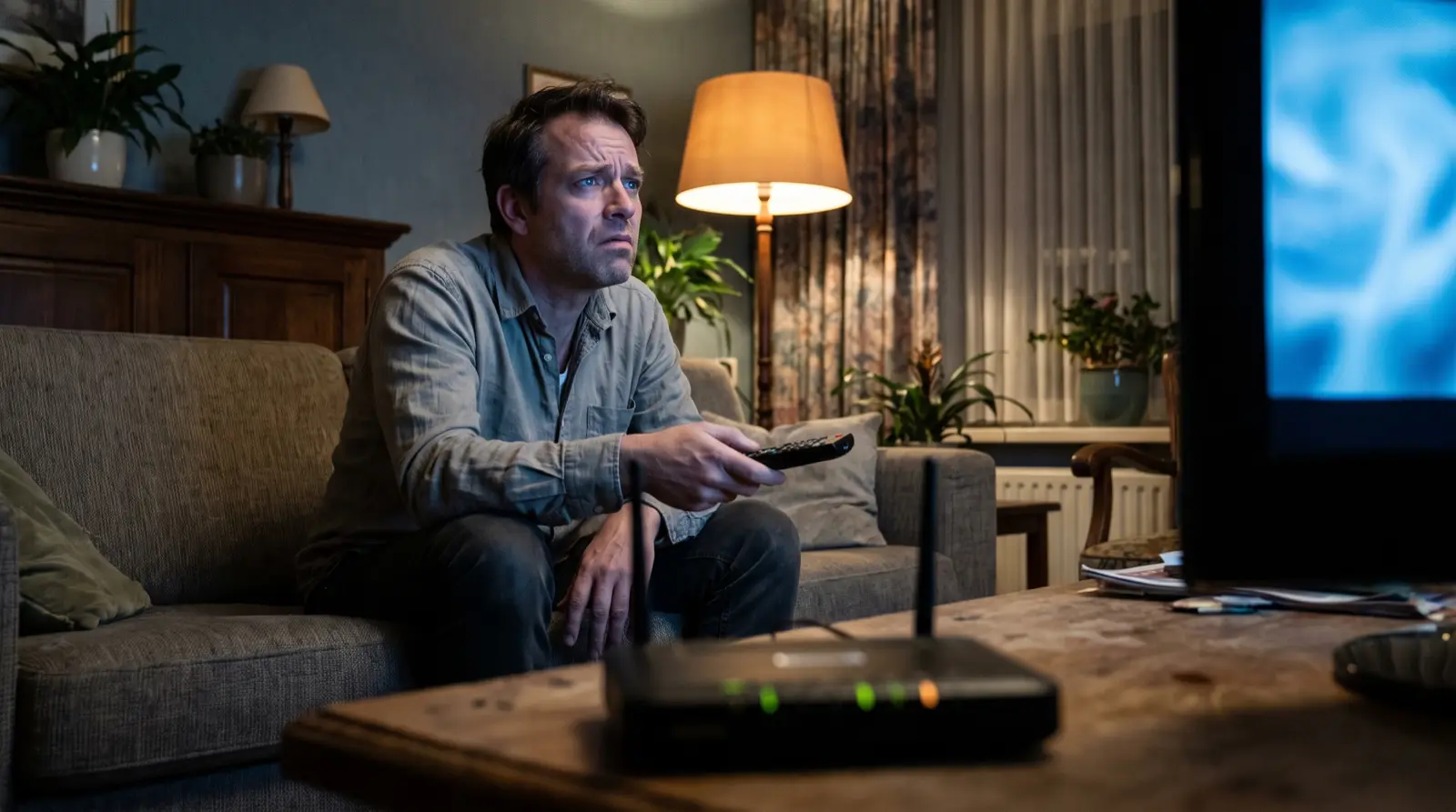 Man met afstandsbediening kijkt geïrriteerd naar een haperende televisie, router op tafel op de voorgrond