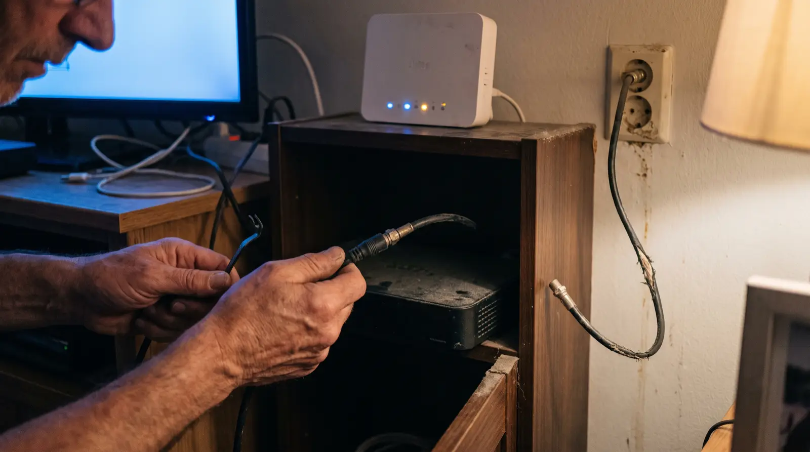 Handen koppelen een oude settopbox los achter een tv-meubel, met een stoffige coaxkabel aan de wandcontactdoos
