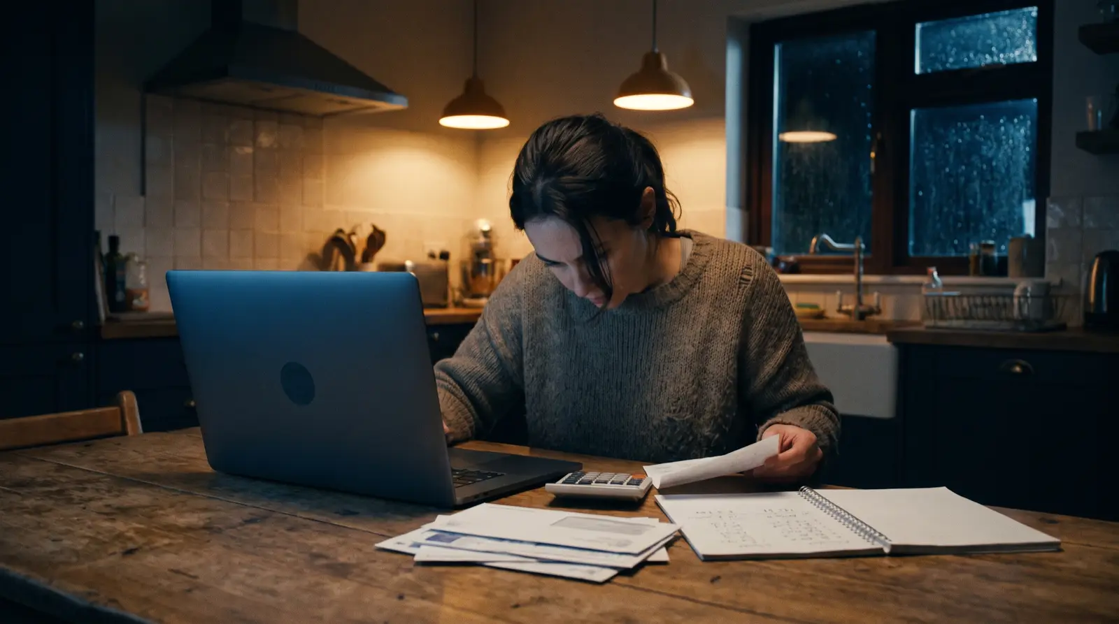 Vrouw rekent 's avonds aan de keukentafel haar tv-kosten na met een rekenmachine en notitieblok