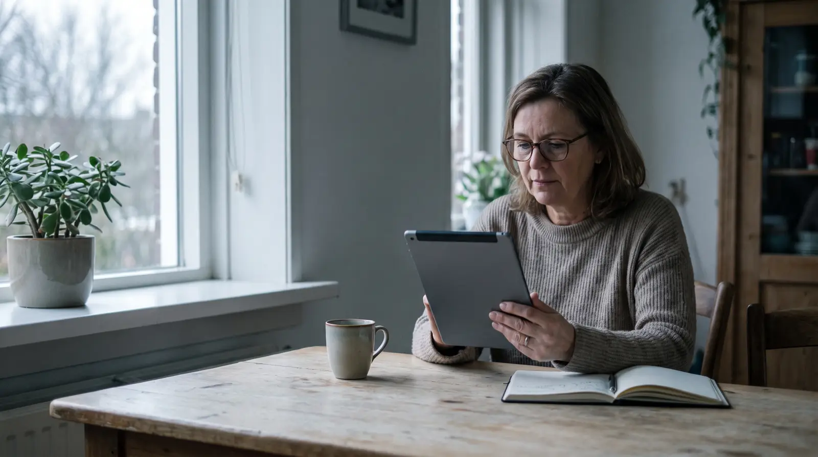 Vrouw leest aandachtig de voorwaarden op een tablet aan de eettafel bij daglicht