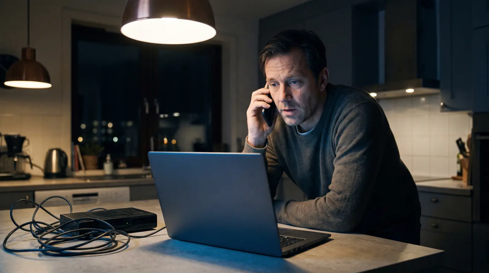 Man belt aan het aanrecht met een laptop voor zich en een losgekoppelde settopbox ernaast