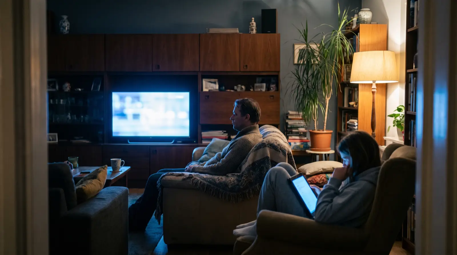 Nederlandse woonkamer waar twee huisgenoten tegelijk iets anders kijken op televisie en tablet