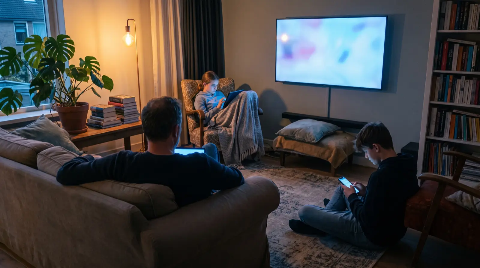 Gezin kijkt tegelijk op drie schermen: televisie, tablet en telefoon