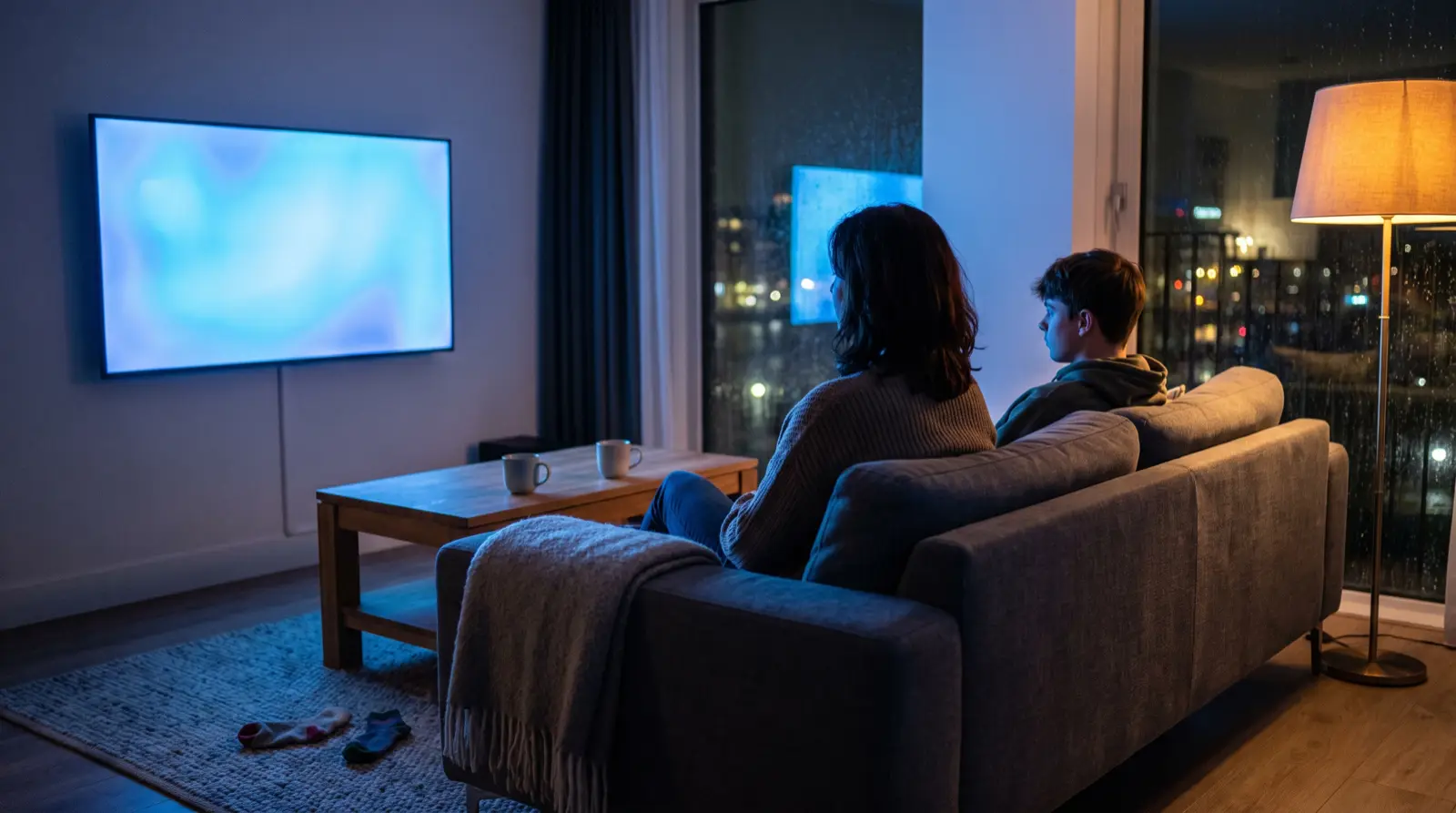Moeder en zoon kijken 's avonds samen televisie in een Nederlandse woonkamer