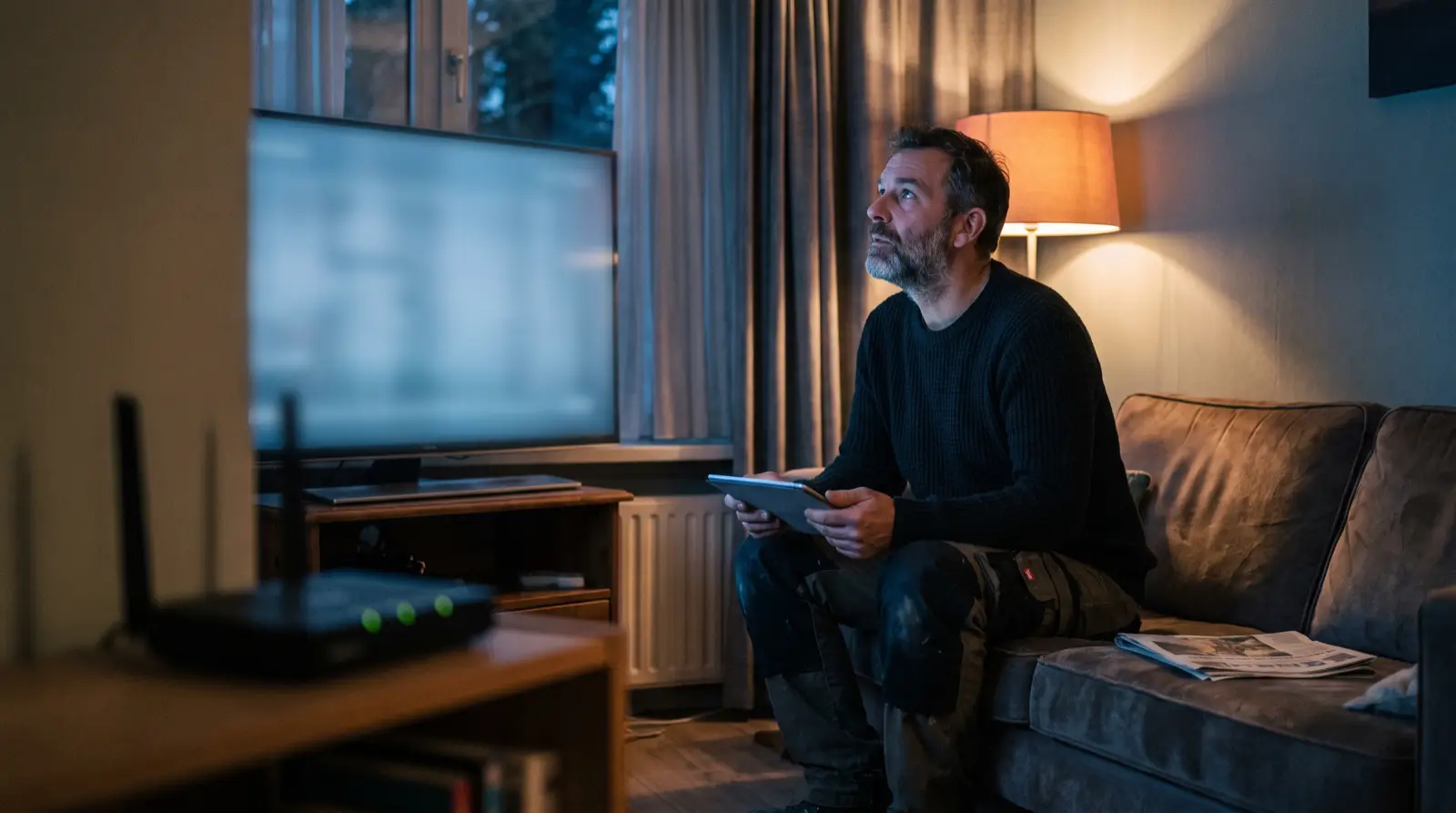 Man met een tablet kijkt naar de televisie in een Nederlandse woonkamer, router op de plank