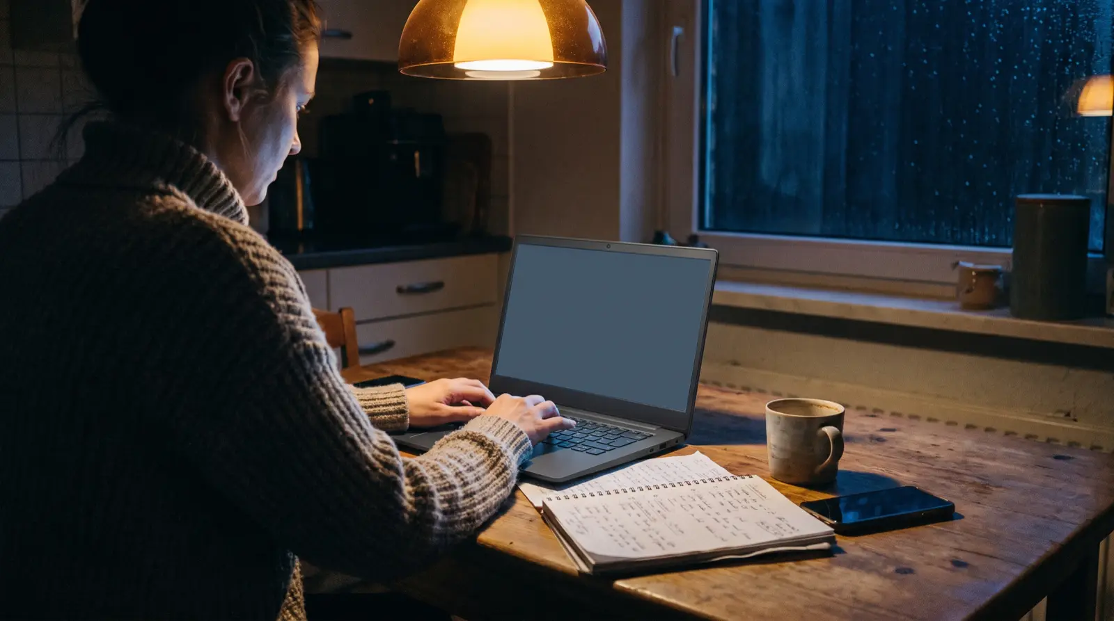 Vrouw vergelijkt 's avonds IPTV-abonnementen op haar laptop aan de keukentafel